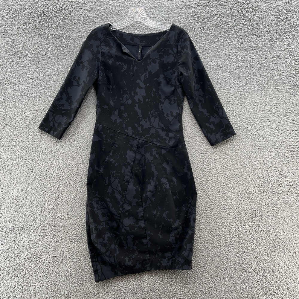 Porto San Francisco Dress Small Black Gray Print Art Balloon Hem Midi Sheath